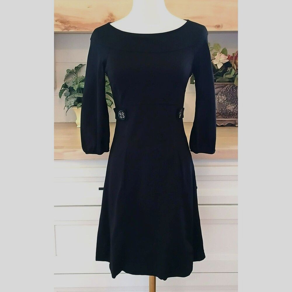 Black Sheath Cocktail Dress Laundry by Design 3/4 Sleeve Front Pocket Size 2